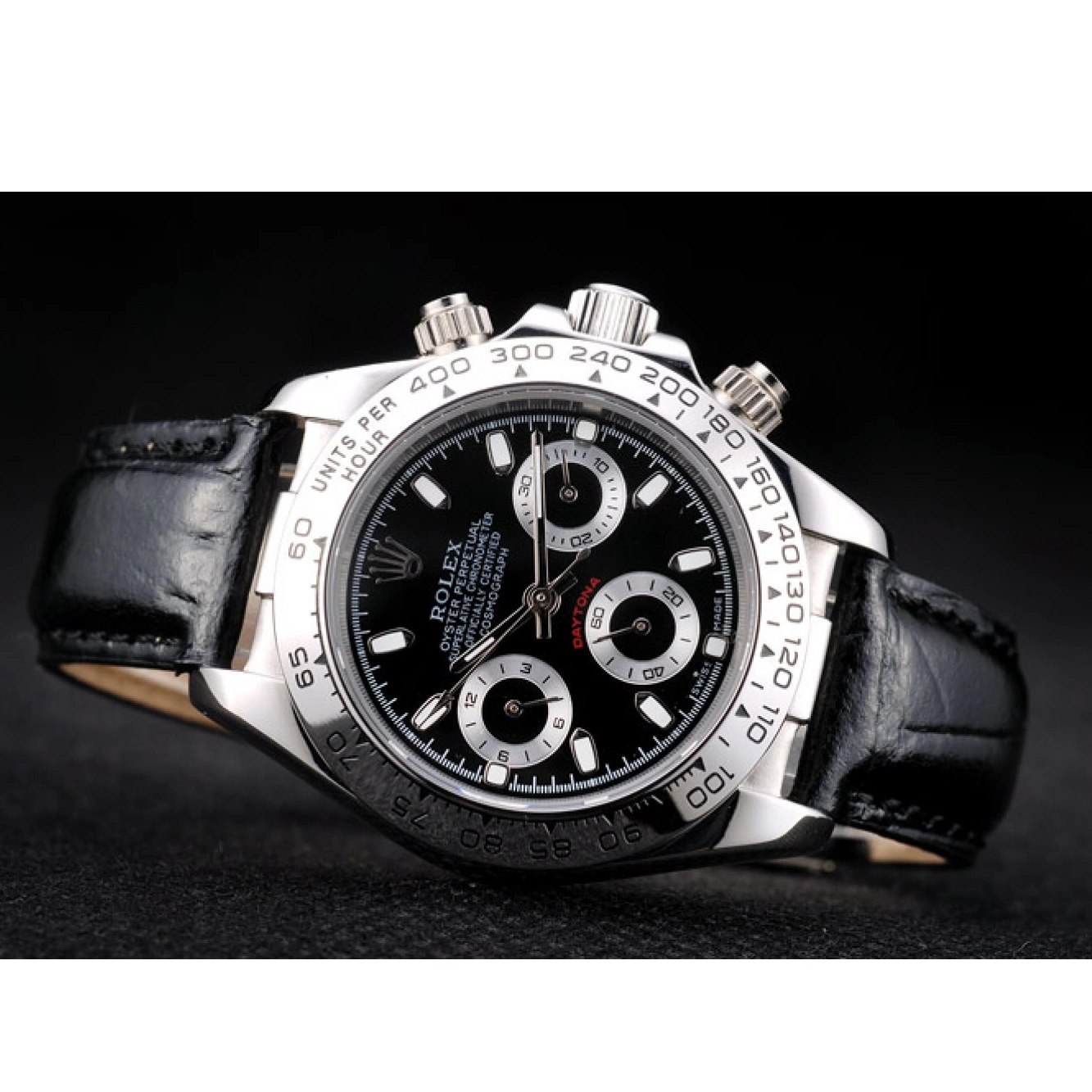 Aaa replica watch Dial Daytona Black Stainless Rolex Lady Strap Tachymeter Steel Case Black Leather 0730